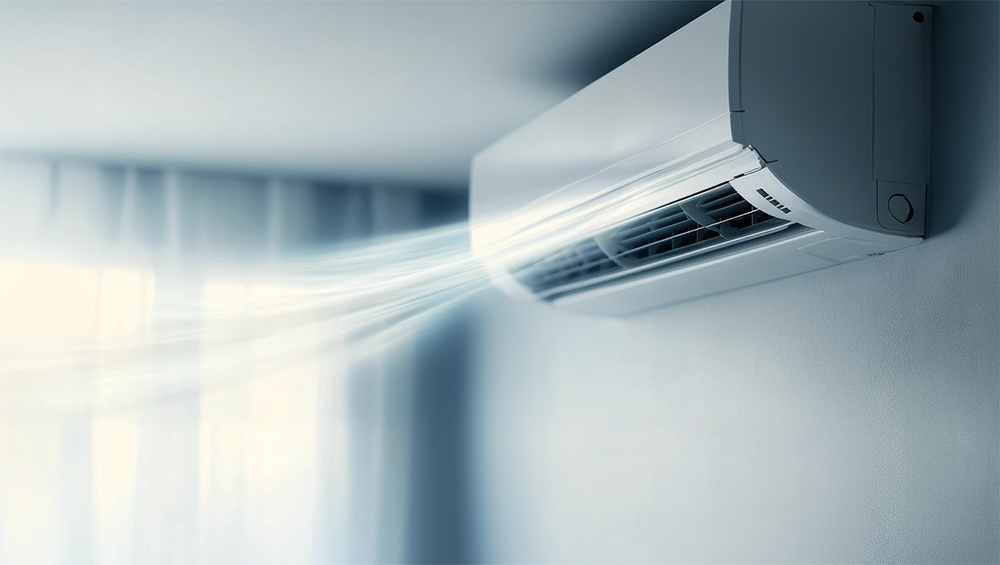Air conditioning unit blowing air in living room setting
